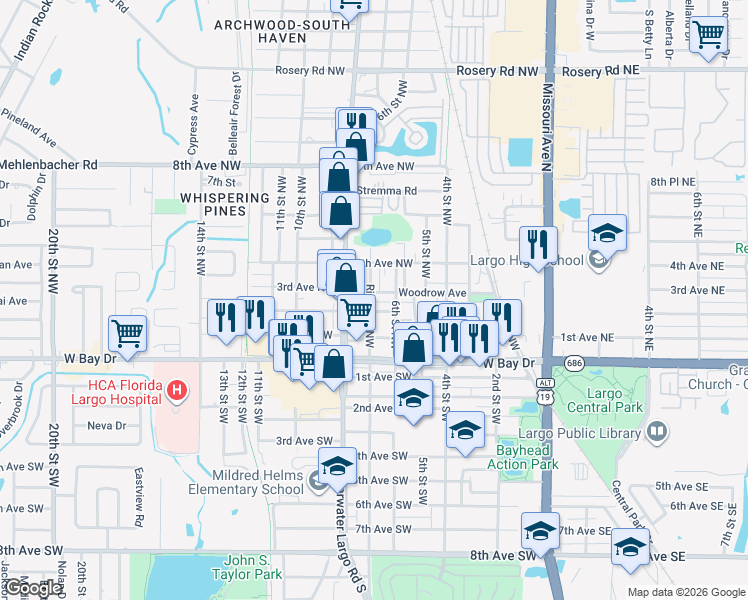 map of restaurants, bars, coffee shops, grocery stores, and more near 271 Ridge Road Northwest in Largo