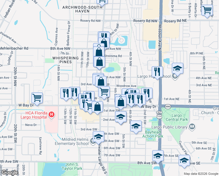 map of restaurants, bars, coffee shops, grocery stores, and more near 271 Ridge Road Northwest in Largo