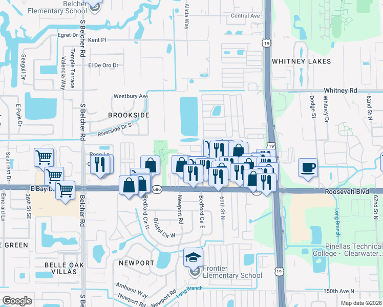 map of restaurants, bars, coffee shops, grocery stores, and more near 1909 19th Street in Clearwater