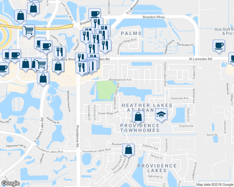 map of restaurants, bars, coffee shops, grocery stores, and more near 1202 Barmere Lane in Brandon