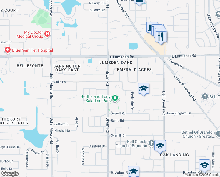 map of restaurants, bars, coffee shops, grocery stores, and more near 605 Julie Lane in Brandon