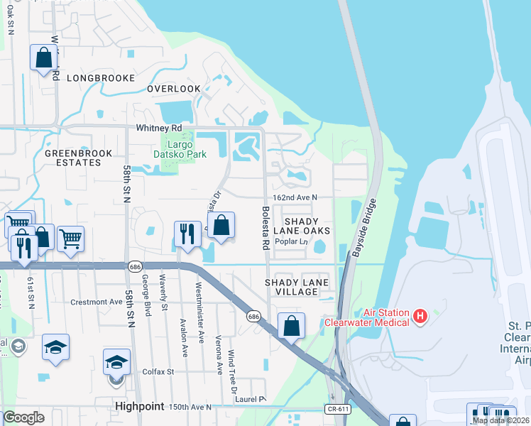 map of restaurants, bars, coffee shops, grocery stores, and more near Bolesta Road in Clearwater