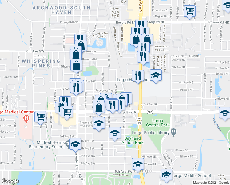 map of restaurants, bars, coffee shops, grocery stores, and more near 301 Woodrow Avenue in Largo