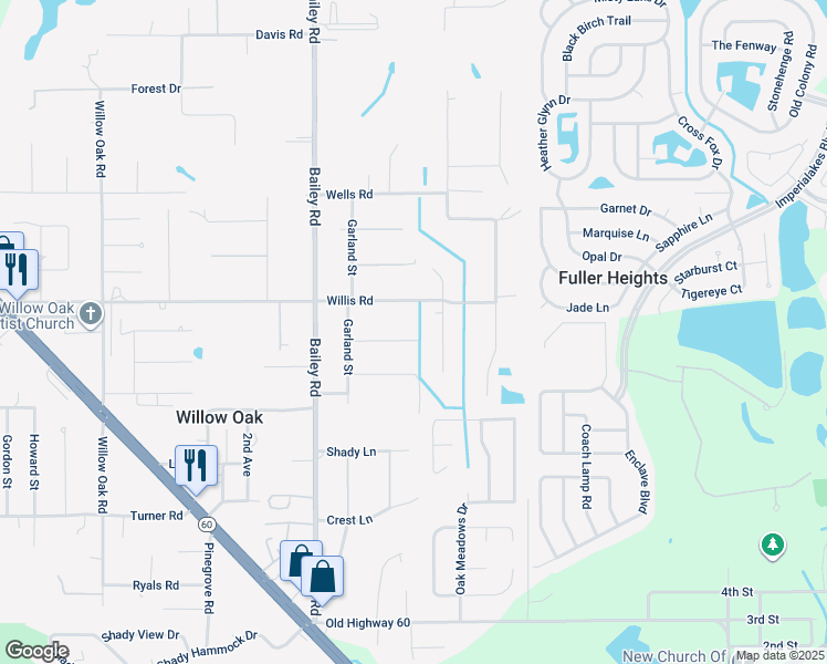 map of restaurants, bars, coffee shops, grocery stores, and more near 3447 Keen Drive in Mulberry
