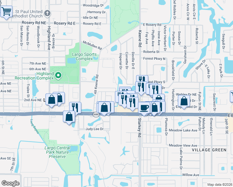 map of restaurants, bars, coffee shops, grocery stores, and more near 909 Imperial Palm Drive in Largo