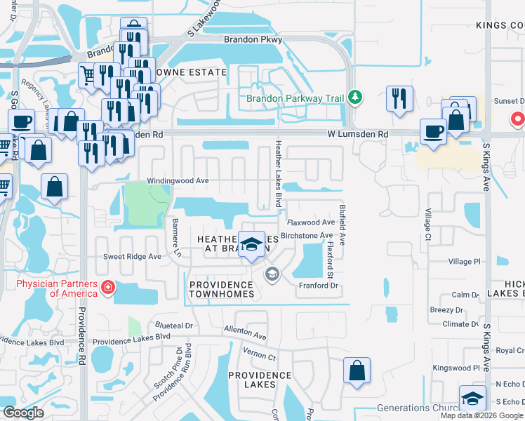 map of restaurants, bars, coffee shops, grocery stores, and more near 1116 Axlewood Circle in Brandon