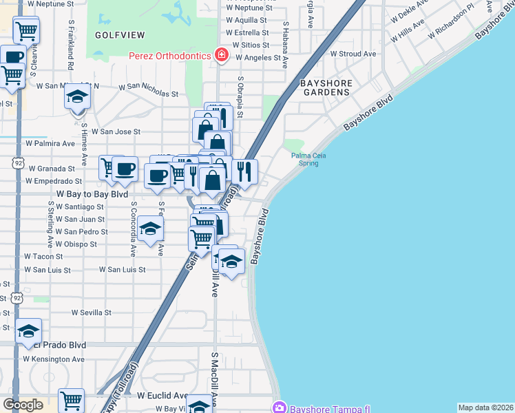 map of restaurants, bars, coffee shops, grocery stores, and more near in Tampa