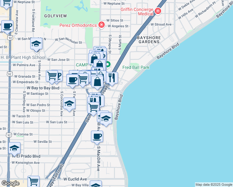 map of restaurants, bars, coffee shops, grocery stores, and more near in Tampa