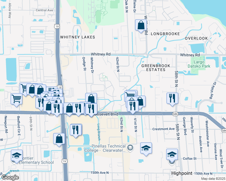 map of restaurants, bars, coffee shops, grocery stores, and more near 6111 62nd Street North in Clearwater