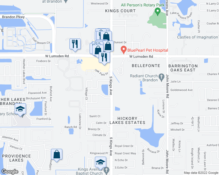 map of restaurants, bars, coffee shops, grocery stores, and more near 1406 South Kings Avenue in Brandon