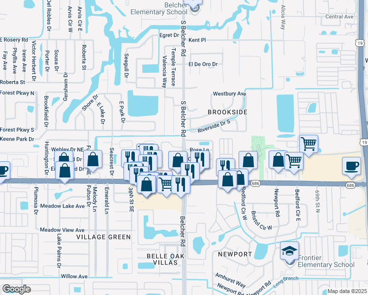map of restaurants, bars, coffee shops, grocery stores, and more near 301 Belcher Road North in Largo