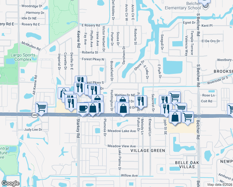 map of restaurants, bars, coffee shops, grocery stores, and more near 2972 Huntington Drive in Largo