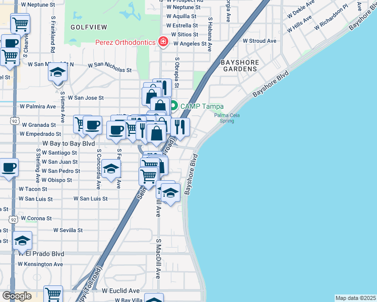 map of restaurants, bars, coffee shops, grocery stores, and more near in Tampa