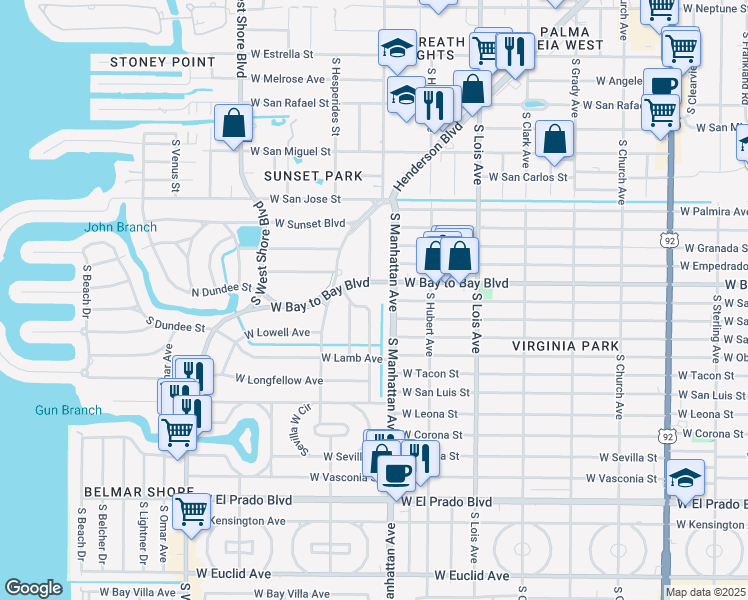 map of restaurants, bars, coffee shops, grocery stores, and more near 3001 South Manhattan Avenue in Tampa