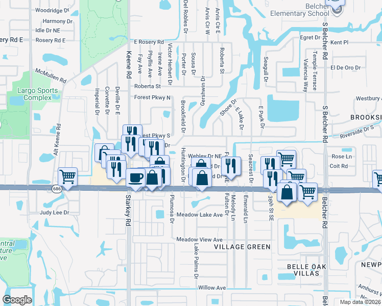 map of restaurants, bars, coffee shops, grocery stores, and more near 2972 Huntington Drive in Largo
