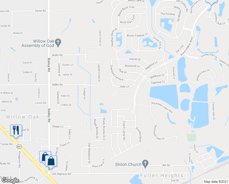 map of restaurants, bars, coffee shops, grocery stores, and more near 3483 Imperial Manor Way in Mulberry