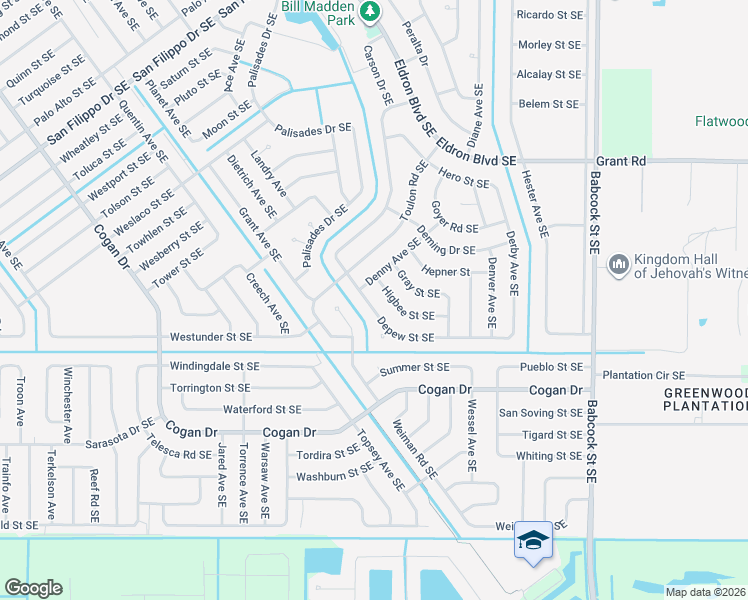 map of restaurants, bars, coffee shops, grocery stores, and more near 1365 Depew Street Southeast in Palm Bay