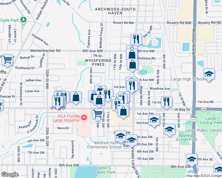 map of restaurants, bars, coffee shops, grocery stores, and more near 1101 3rd Avenue Northwest in Largo