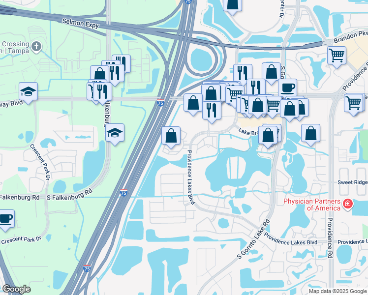 map of restaurants, bars, coffee shops, grocery stores, and more near 2614 Indigo Coast Way in Brandon