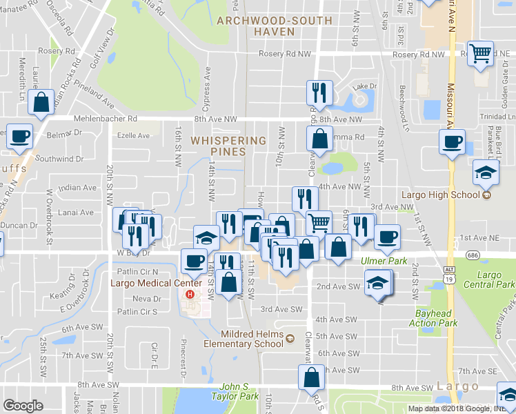map of restaurants, bars, coffee shops, grocery stores, and more near 1101 3rd Avenue Northwest in Largo