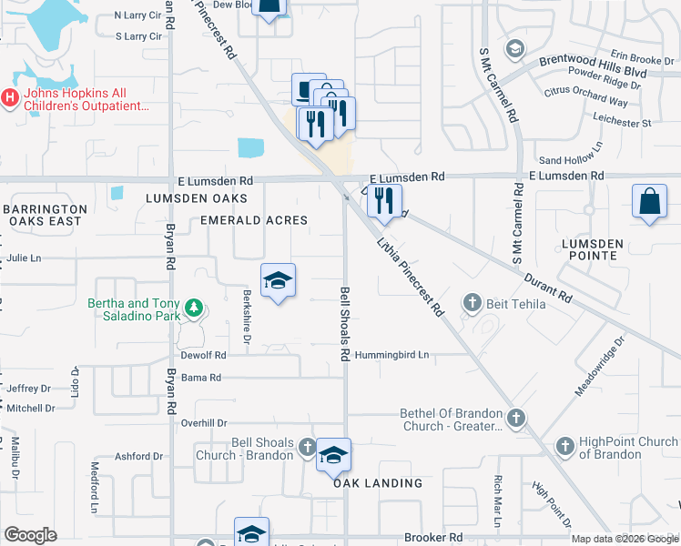 map of restaurants, bars, coffee shops, grocery stores, and more near 1309 Bell Shoals Road in Brandon