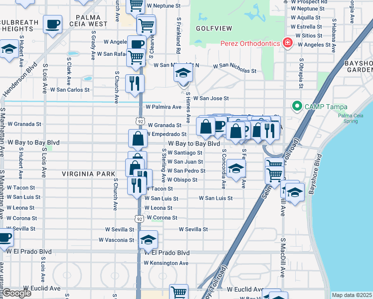 map of restaurants, bars, coffee shops, grocery stores, and more near 3516 West Bay to Bay Boulevard in Tampa