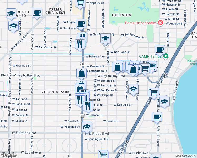 map of restaurants, bars, coffee shops, grocery stores, and more near 3614 West Bay to Bay Boulevard in Tampa
