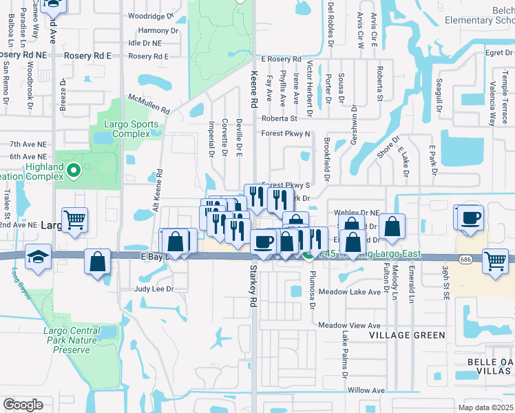 map of restaurants, bars, coffee shops, grocery stores, and more near 297 Keene Road in Largo
