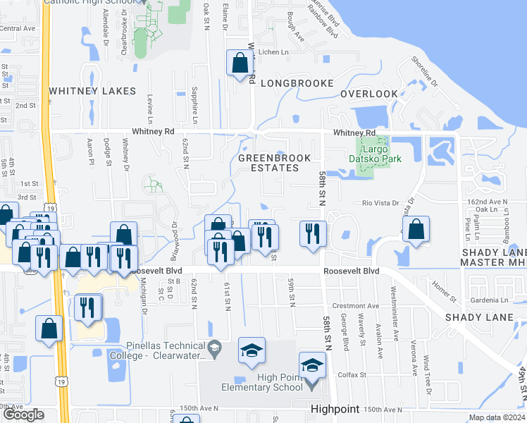 map of restaurants, bars, coffee shops, grocery stores, and more near 2122 Bradford Street in Clearwater