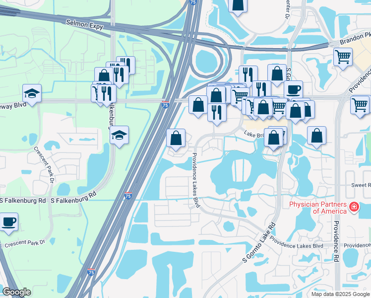 map of restaurants, bars, coffee shops, grocery stores, and more near 1151 Courtney Trace Drive in Brandon