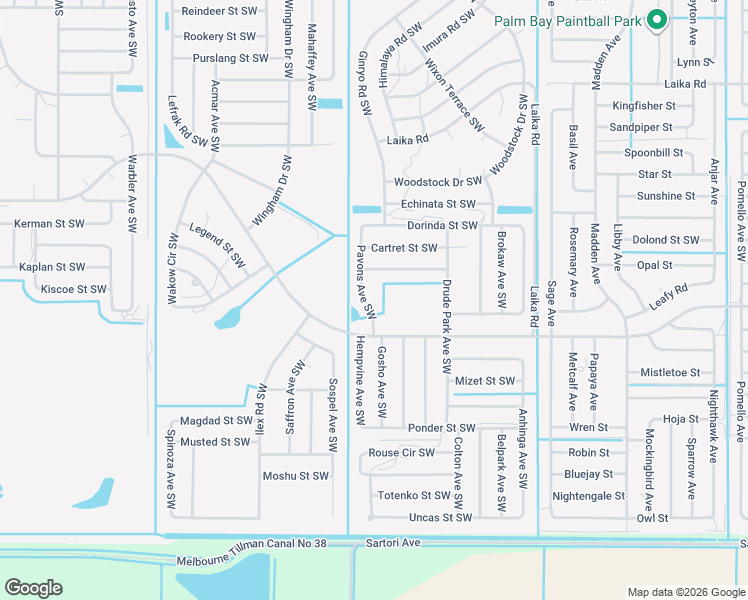 map of restaurants, bars, coffee shops, grocery stores, and more near 3075 Pavons Avenue Southwest in Palm Bay
