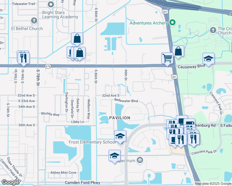 map of restaurants, bars, coffee shops, grocery stores, and more near 8810 32nd Avenue South in Tampa