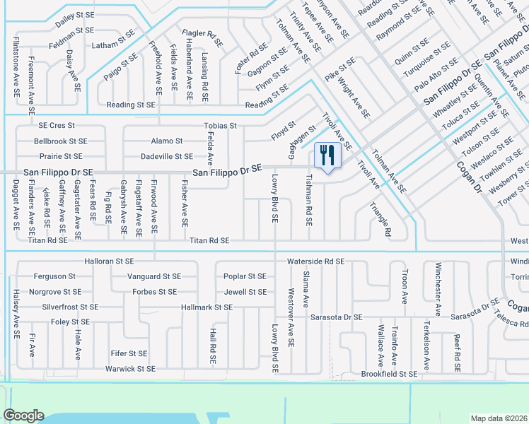 map of restaurants, bars, coffee shops, grocery stores, and more near 3021 Langmaid Avenue Southeast in Palm Bay