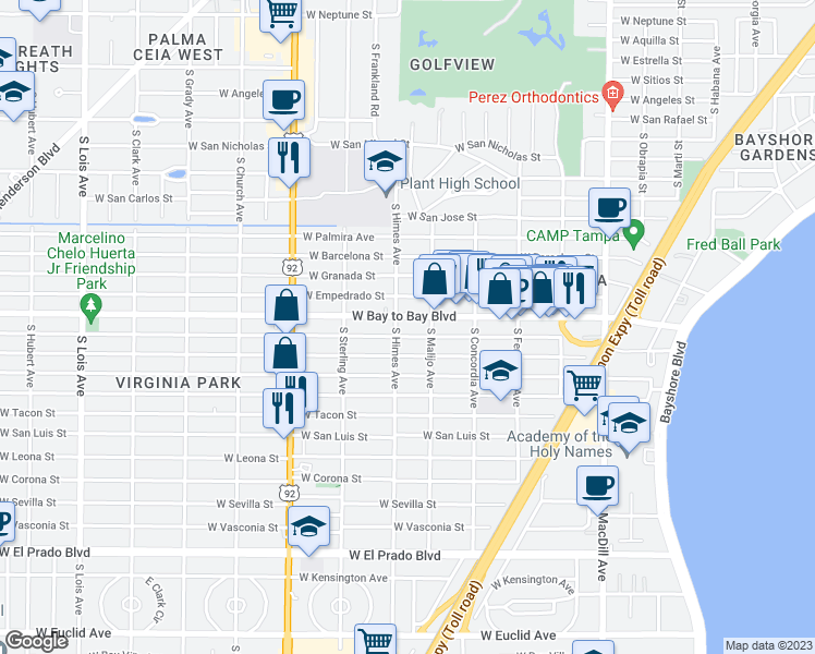 map of restaurants, bars, coffee shops, grocery stores, and more near 3516 West Bay to Bay Boulevard in Tampa