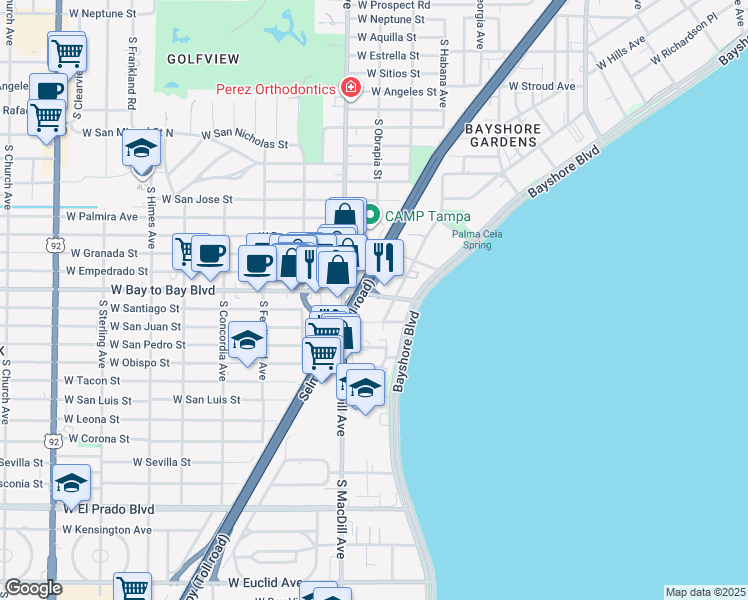 map of restaurants, bars, coffee shops, grocery stores, and more near 12 Spanish Circle in Tampa