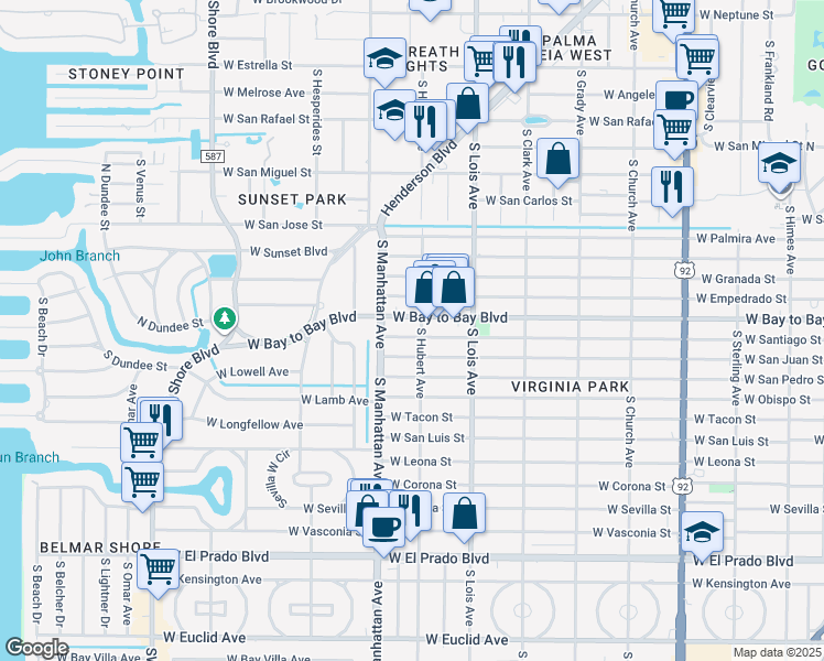 map of restaurants, bars, coffee shops, grocery stores, and more near 4302 West Bay to Bay Boulevard in Tampa