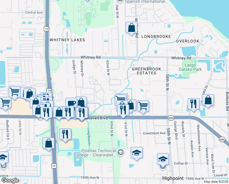 map of restaurants, bars, coffee shops, grocery stores, and more near 2827 Eagle Run Circle South in Clearwater