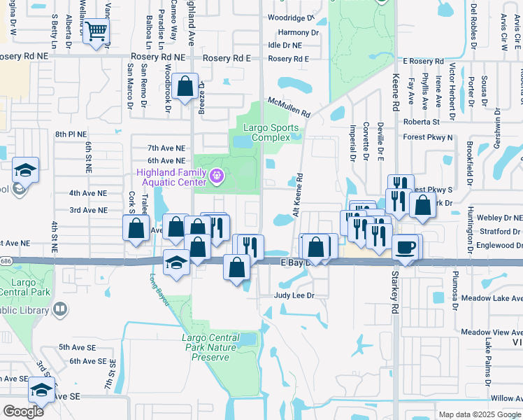 map of restaurants, bars, coffee shops, grocery stores, and more near 300 Lake Avenue Northeast in Largo