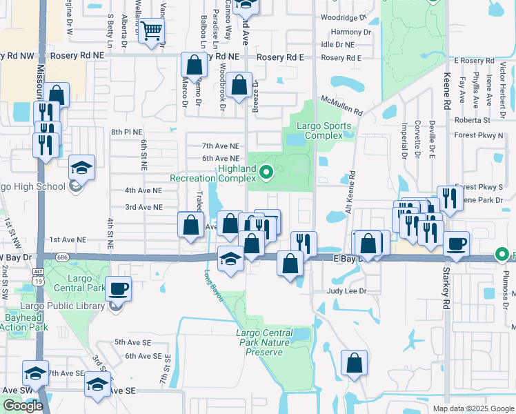 map of restaurants, bars, coffee shops, grocery stores, and more near 300 Highland Avenue in Largo
