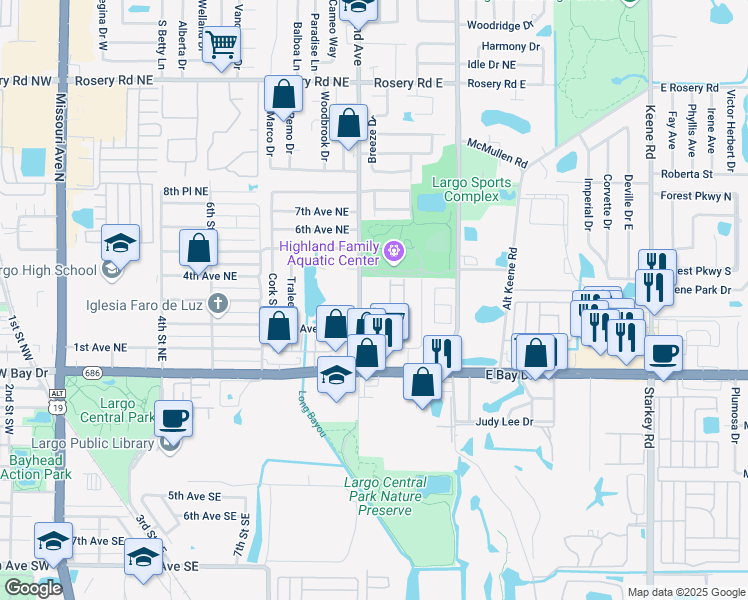 map of restaurants, bars, coffee shops, grocery stores, and more near 300 Highland Avenue in Largo