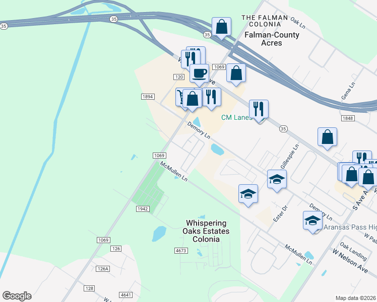 map of restaurants, bars, coffee shops, grocery stores, and more near 2491 Demory Lane in Aransas Pass