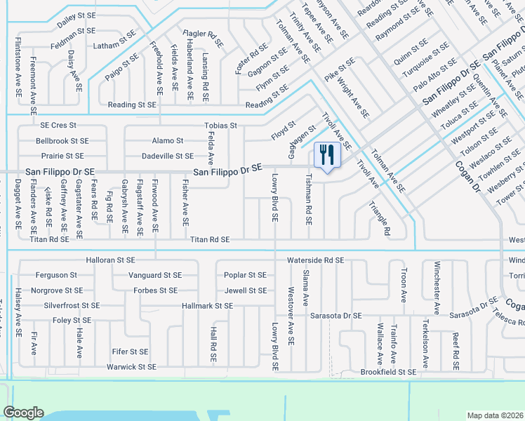 map of restaurants, bars, coffee shops, grocery stores, and more near 3021 Langmaid Avenue Southeast in Palm Bay