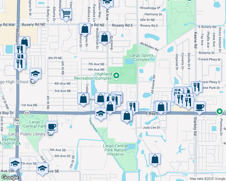 map of restaurants, bars, coffee shops, grocery stores, and more near 300 Highland Avenue in Largo