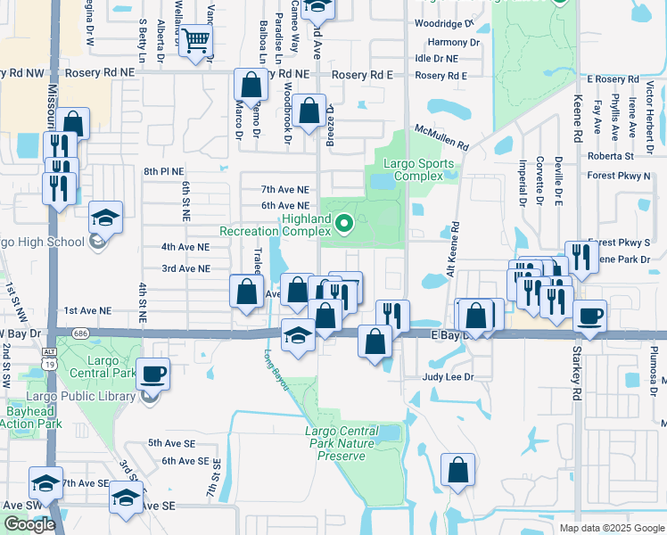 map of restaurants, bars, coffee shops, grocery stores, and more near 300 Highland Avenue in Largo