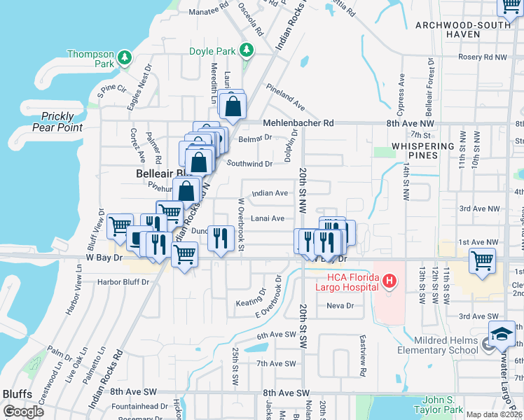 map of restaurants, bars, coffee shops, grocery stores, and more near 2290 Indian Avenue in Belleair Bluffs