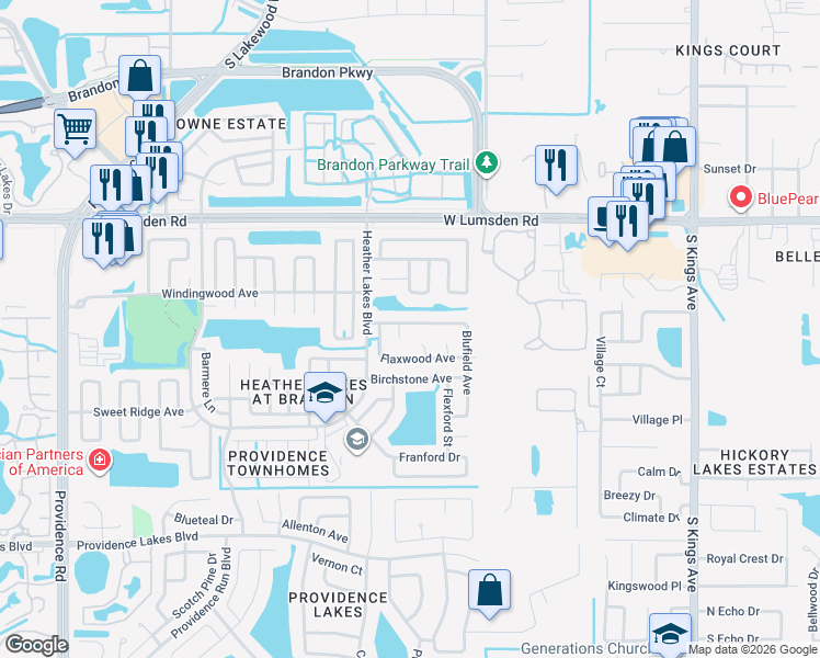 map of restaurants, bars, coffee shops, grocery stores, and more near 1114 Blufield Avenue in Brandon