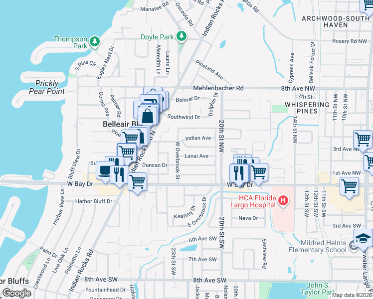 map of restaurants, bars, coffee shops, grocery stores, and more near 2290 Indian Avenue in Belleair Bluffs