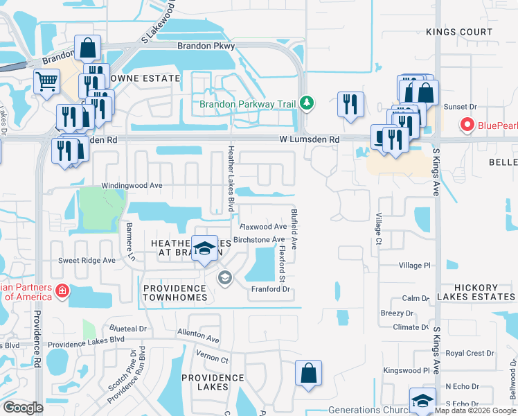 map of restaurants, bars, coffee shops, grocery stores, and more near 1114 Blufield Avenue in Brandon