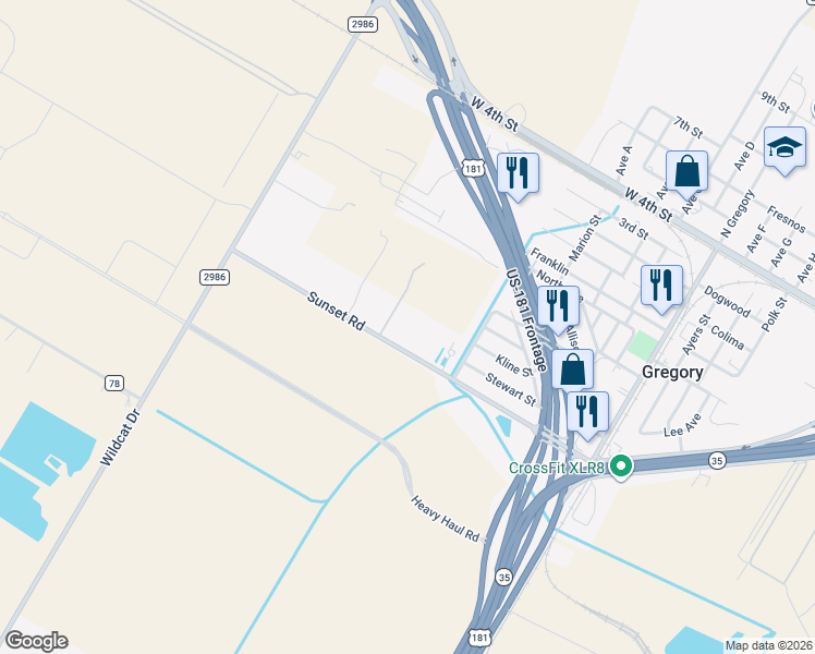 map of restaurants, bars, coffee shops, grocery stores, and more near 306 County Road 1910 in Gregory