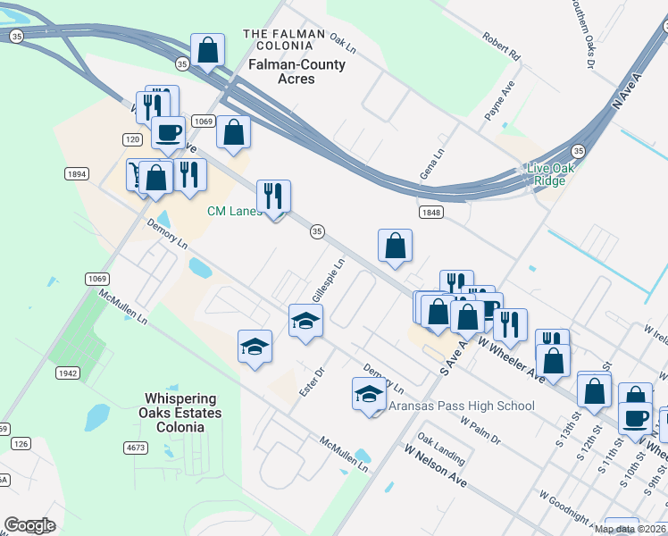 map of restaurants, bars, coffee shops, grocery stores, and more near 110 Gillespie Lane in Aransas Pass
